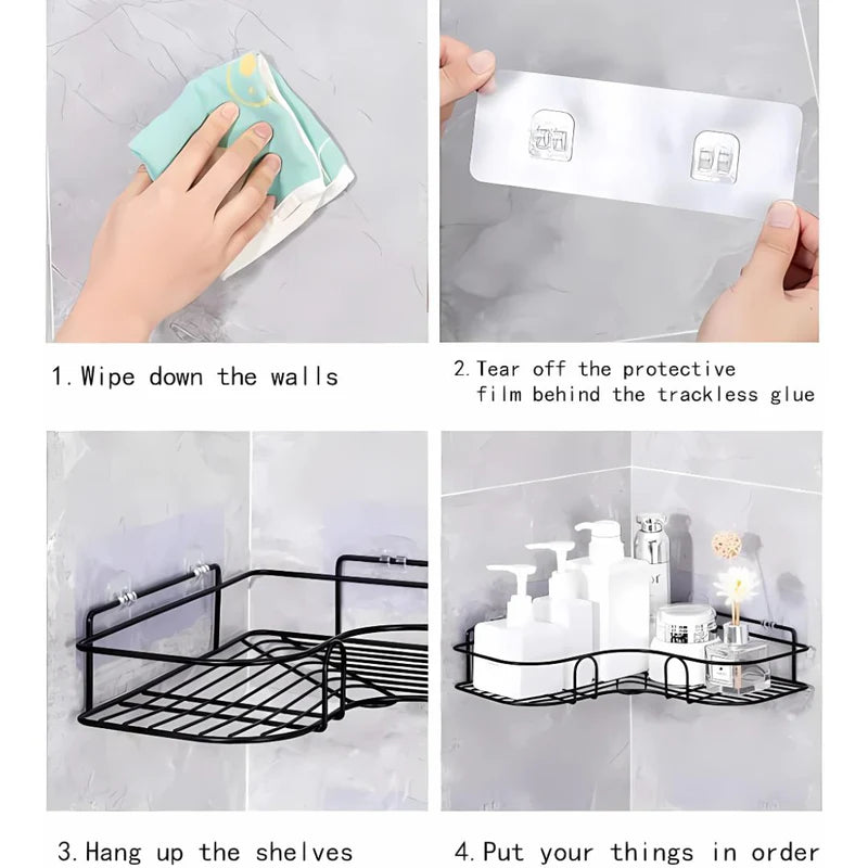 Repisas De Baño Pared De Dos Niveles. Estantes Flotantes. Tablillas Color Negro. (Set De 2 Piezas) Con 4 Placas De Fijacion Autoadhesiva. Esquinera De Ducha. AB451