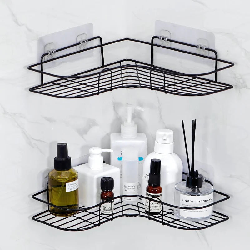 Repisas De Baño Pared De Dos Niveles. Estantes Flotantes. Tablillas Color Negro. (Set De 2 Piezas) Con 4 Placas De Fijacion Autoadhesiva. Esquinera De Ducha. AB451