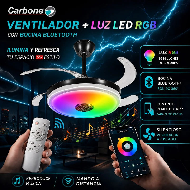 Abanico De Techo 42" LED Retráctil RGB Full Color Con Bocina Bluetooth Y App. Ventiilador Color Negro ANF977