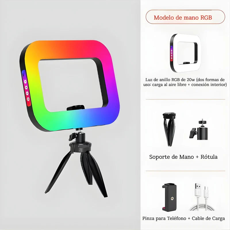 Luz De Anillo RGB Portátil 20W Con Trípode Metálico Y Soporte Para Celular. Iluminación Profesional Para Influencers O Streaming. LT250
