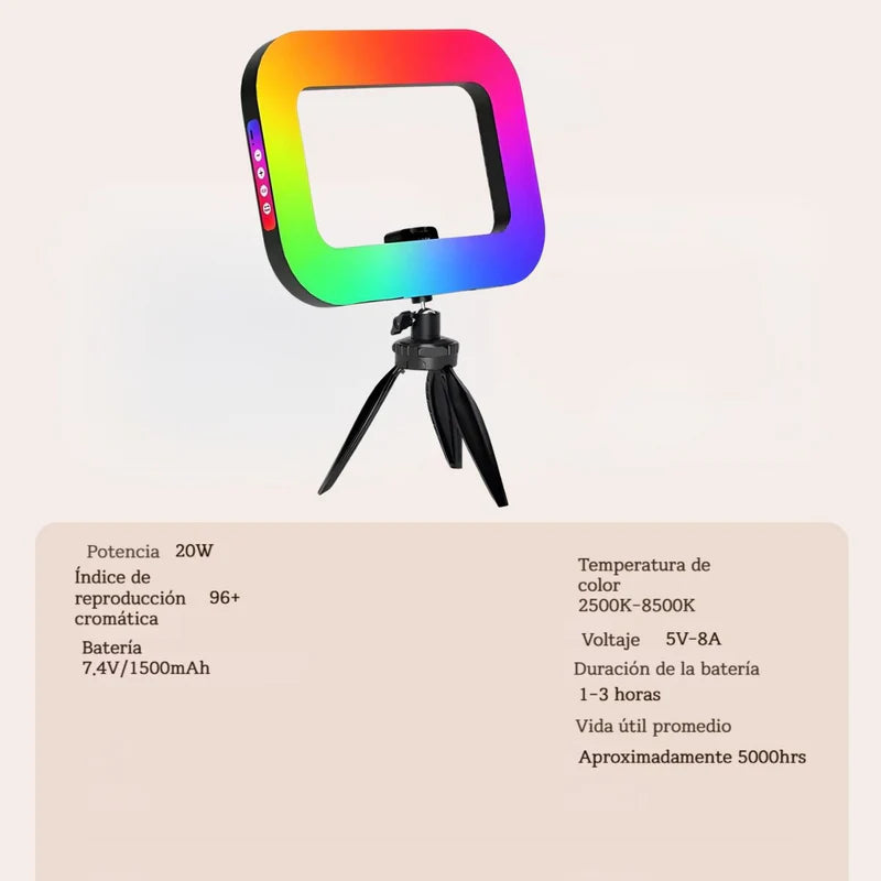 Luz De Anillo RGB Portátil 20W Con Trípode Metálico Y Soporte Para Celular. Iluminación Profesional Para Influencers O Streaming. LT250