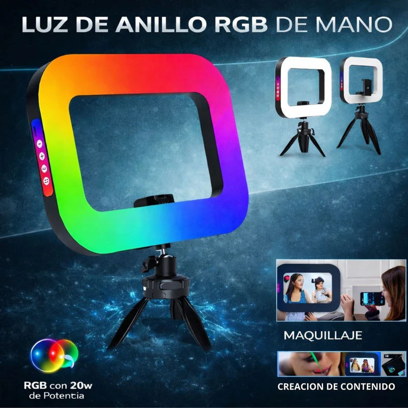 Luz De Anillo RGB Portátil 20W Con Trípode Metálico Y Soporte Para Celular. Iluminación Profesional Para Influencers O Streaming. LT250