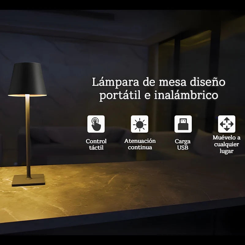 Lámpara LED De Mesa Portátil E Inalámbrica. Diseño Moderno Con Base Cuadrada. 3 Tonos De Luz. Control Táctil Con Atenuación Continua. Color Negro. Usado En Restaurantes LT262