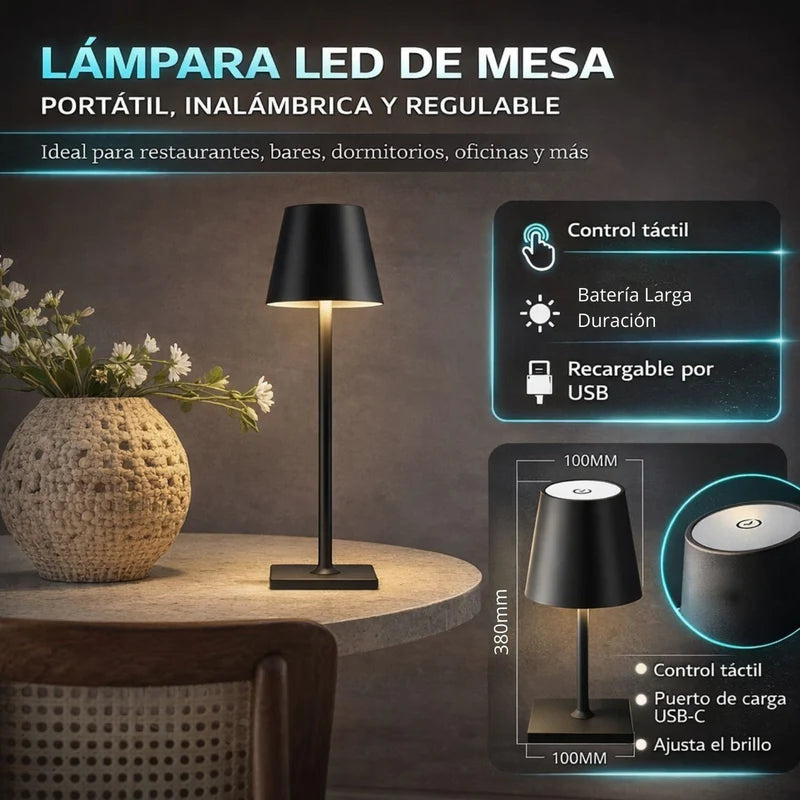 Lámpara LED De Mesa Portátil E Inalámbrica. Diseño Moderno Con Base Cuadrada. 3 Tonos De Luz. Control Táctil Con Atenuación Continua. Color Negro. Usado En Restaurantes LT262