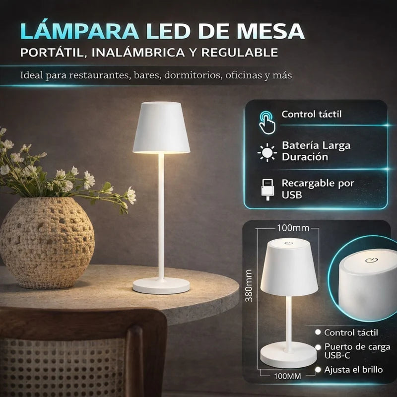Lámpara LED De Mesa Portátil E Inalámbrica. Diseño Moderno Con Base Cuadrada. 3 Tonos De Luz. Control Táctil Con Atenuación Continua. Color Blanco. Usado En Restaurantes LT263