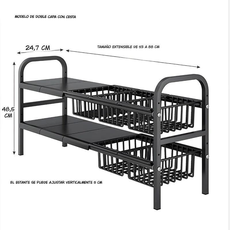 Estante Organizador Ajustable De 2 Niveles. Repisa De Almacenamiento Para Debajo Del Fregador De 4 Cestas Y 4 Paneles (48.5X24.7X88cm). Color Negro. LT450
