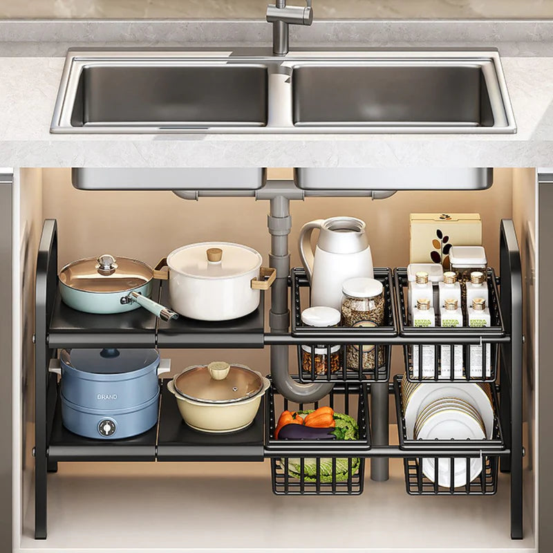 Estante Organizador Ajustable De 2 Niveles. Repisa De Almacenamiento Para Debajo Del Fregador De 4 Cestas Y 4 Paneles (48.5X24.7X88cm). Color Negro. LT450
