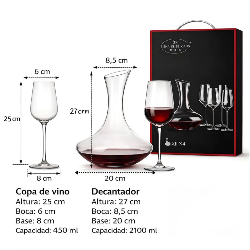 Copas De Cristal Con Decantador. Set Completo De Vino Con 4 Copas De 450 Ml Y Un Decantador 2100 Ml. LT458