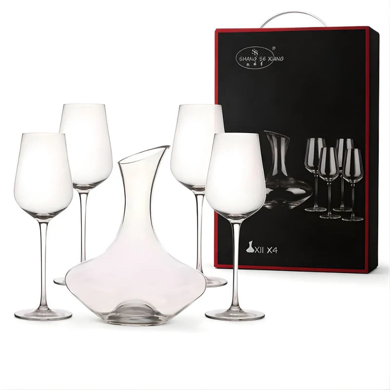 Copas De Cristal Con Decantador. Set Completo De Vino Con 4 Copas De 450 Ml Y Un Decantador 2100 Ml. LT458