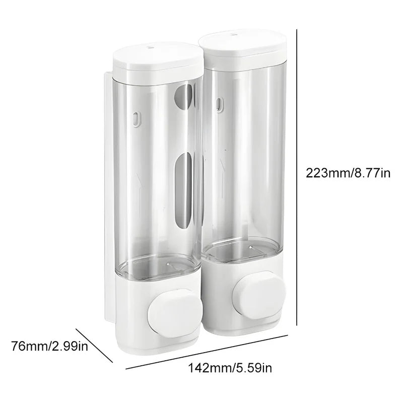 Dispensador De Jabón Líquido 600Ml. Doble Dosificador De Shampoo O Gel Para Pared De Baño O Ducha. Color Blanco. LT490