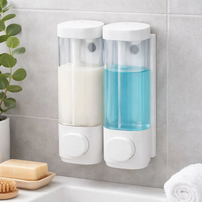 Dispensador De Jabón Líquido 600Ml. Doble Dosificador De Shampoo O Gel Para Pared De Baño O Ducha. Color Blanco. LT490