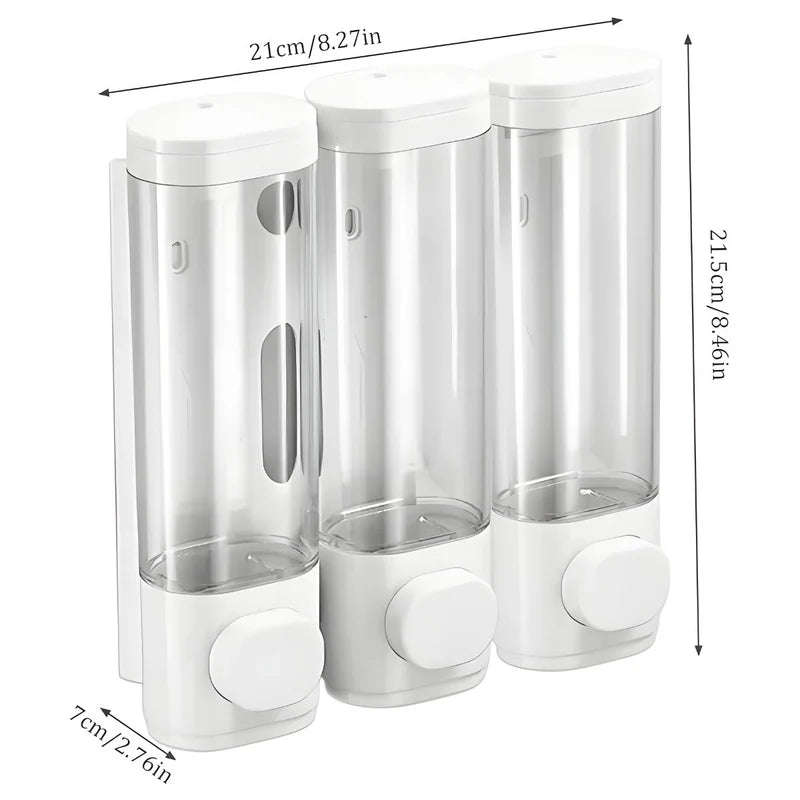 Dispensador De Jabón Líquido 900Ml. Triple Dosificador De Shampoo O Gel Para Pared De Baño O Ducha. Color Blanco. LT491