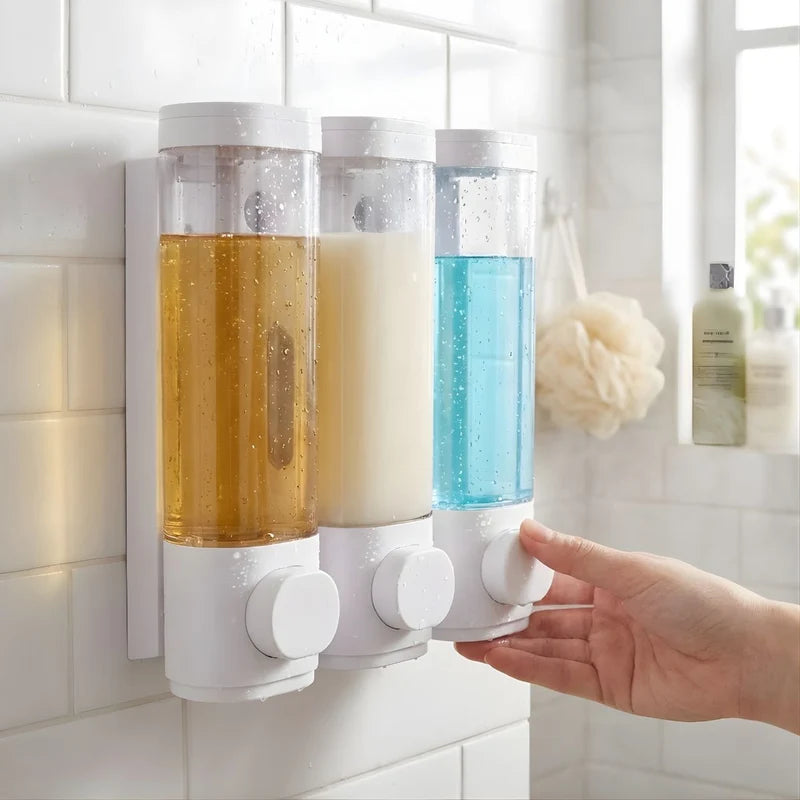 Dispensador De Jabón Líquido 900Ml. Triple Dosificador De Shampoo O Gel Para Pared De Baño O Ducha. Color Blanco. LT491