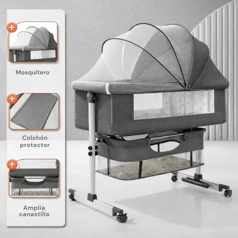 Cuna Colecho Para Bebé Multifuncional Con Ruedas. Cuna Moisés Ajustable En Altura Con Balanceo Y Antirreflujo. Cama Auxiliar Para Dormitorio. Color Gris LT513