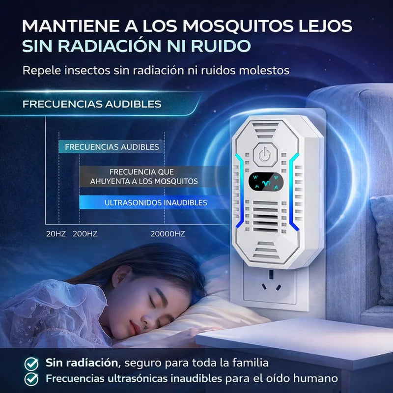 Repelente Ultrasónico De Mosquitos Enchufable 160 M². Control De Plagas Silencioso 20–45 Khz Bajo Consumo. Color Blanco 110V LT527