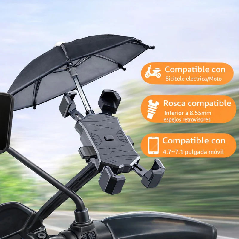 Soporte Para Celular Con Sombrilla Para Motocicleta Y Bicicleta. Porta Teléfono Ajustable Hasta 7.1" Para Manubrio Con Mini Paraguas. LT561