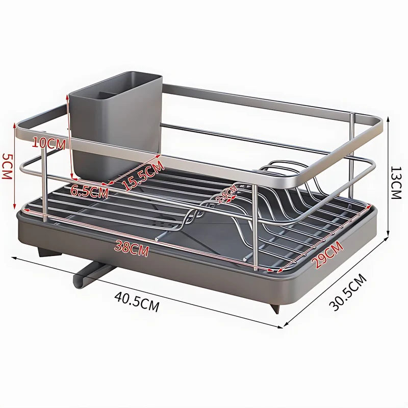 Escurridor De Platos Con Bandeja De Drenaje Y Porta Cubiertos De Acero Inoxidable 40.5X13x30.5 (Color Gris). LT582