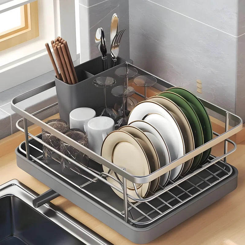 Escurridor De Platos Con Bandeja De Drenaje Y Porta Cubiertos De Acero Inoxidable 40.5X13x30.5 (Color Gris). LT582