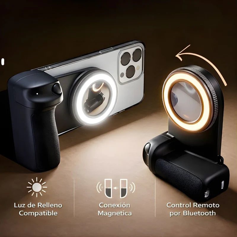 Luz LED Para Celular Con Control Bluetooth 750Mah. Aro De Luz Portátil Recargable USB-C Con Brillo Ajustable Y Conexión Magnética. Color Negro (11.7X4x8.3Cm). LT656