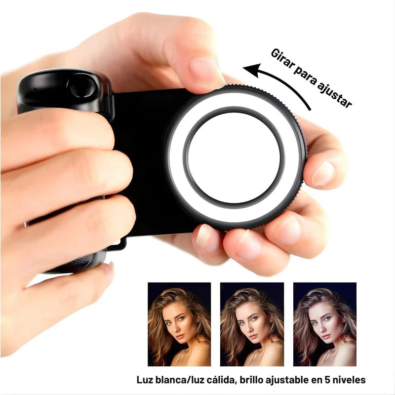 Luz LED Para Celular Con Control Bluetooth 750Mah. Aro De Luz Portátil Recargable USB-C Con Brillo Ajustable Y Conexión Magnética. Color Negro (11.7X4x8.3Cm). LT656