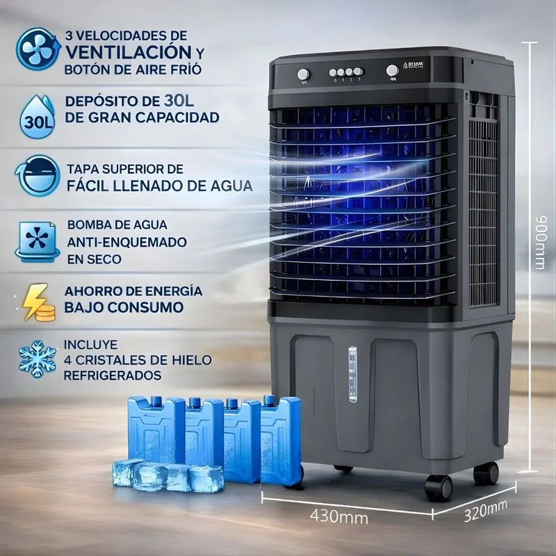 Abanico Acondicionador De Aire Frio Con Agua (30L) Portátil. Ventilador Con Humidificador Y Ruedas 110V. LT694