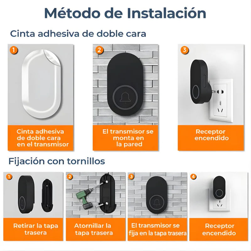 Timbre Inalámbrico Impermeable IP44 De Alcance Largo Hasta 250M. 60 Tonos Ajustables. Color Negro. LT703