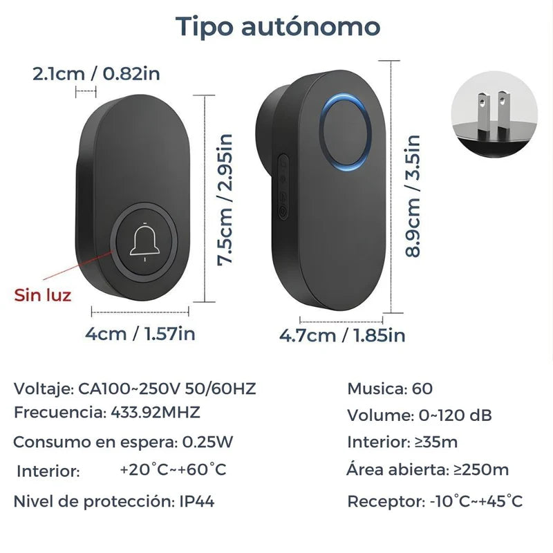 Timbre Inalámbrico Impermeable IP44 De Alcance Largo Hasta 250M. 60 Tonos Ajustables. Color Negro. LT703