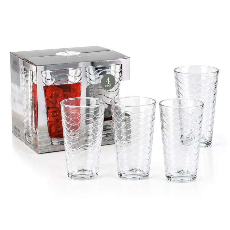 Vasos Altos De Vidrio Transparentes De 15.75Oz (460Ml) Para Bebidas Agua Cocteles. Diseño De Ondas (Set De 4) TSUV-40130