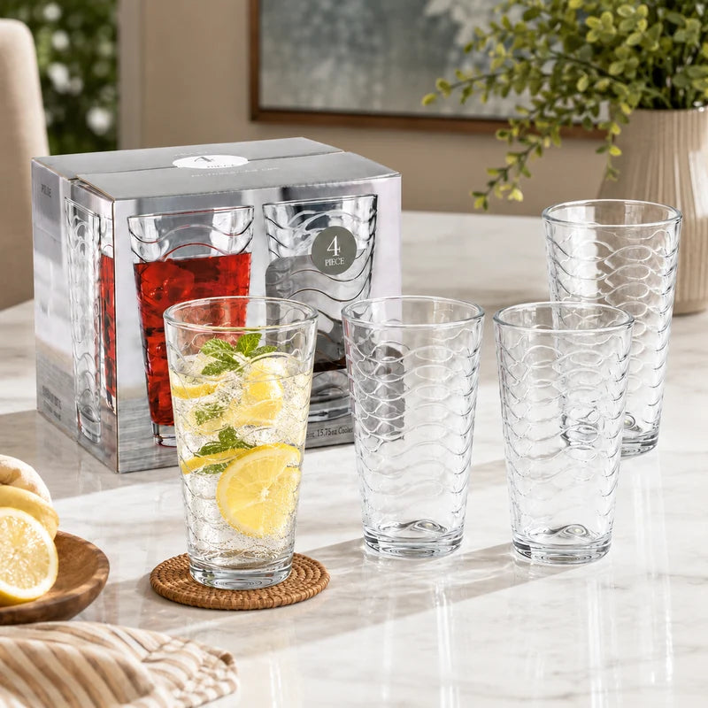 Vasos Altos De Vidrio Transparentes De 15.75Oz (460Ml) Para Bebidas Agua Cocteles. Diseño De Ondas (Set De 4) TSUV-40130