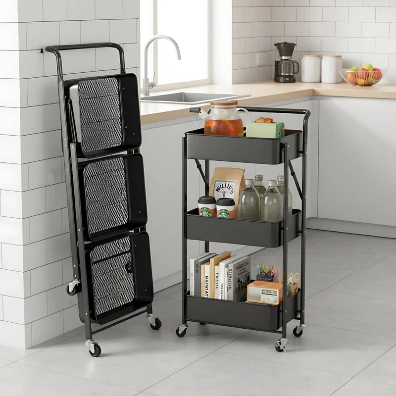 Carrito Organizador De 3 Niveles Con Ruedas. Estantería Plegable De Almacenamiento. Estante Organizador. Color Negro. TU313