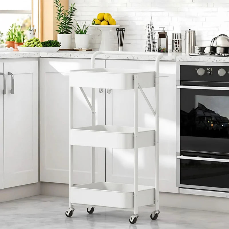 Carrito Organizador De 3 Niveles Con Ruedas. Estantería Plegable De Almacenamiento. Estante Organizador. Color Blanco. TU314