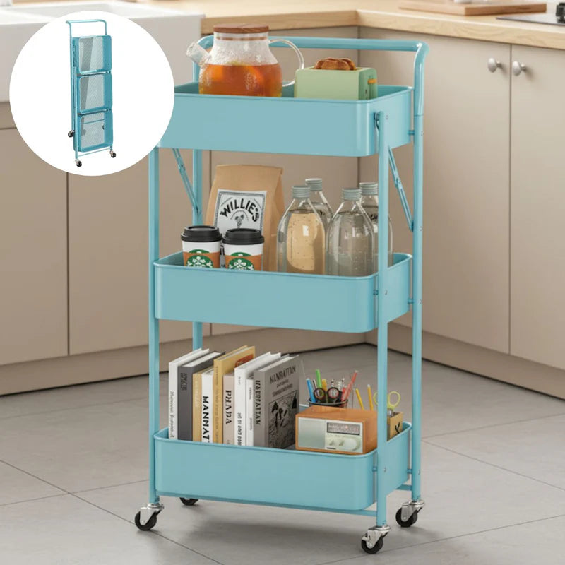 Carrito Organizador De 3 Niveles Con Ruedas. Estantería Plegable De Almacenamiento. Estante Organizador. Color Celeste. TU315