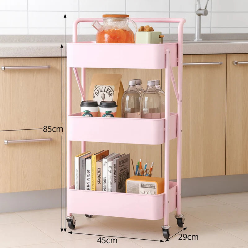 Carrito Organizador De 3 Niveles Con Ruedas. Estantería Plegable De Almacenamiento. Estante Organizador. Color Rosado. TU316