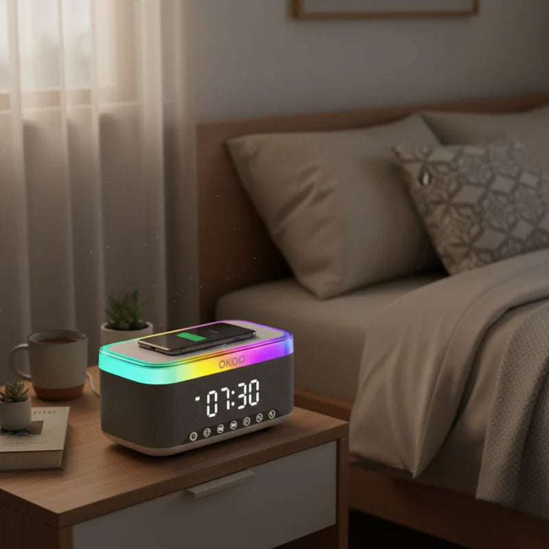 Reloj Despertador Digital Con Bocina Bluetooth. Cargador Inalámbrico Para Celulares. Radio FM Y Temporizador. Lampara De Noche TU398 Selecto