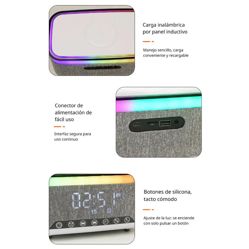 Reloj Despertador Digital Con Bocina Bluetooth. Cargador Inalámbrico Para Celulares. Radio FM Y Temporizador. Lampara De Noche TU398 Selecto