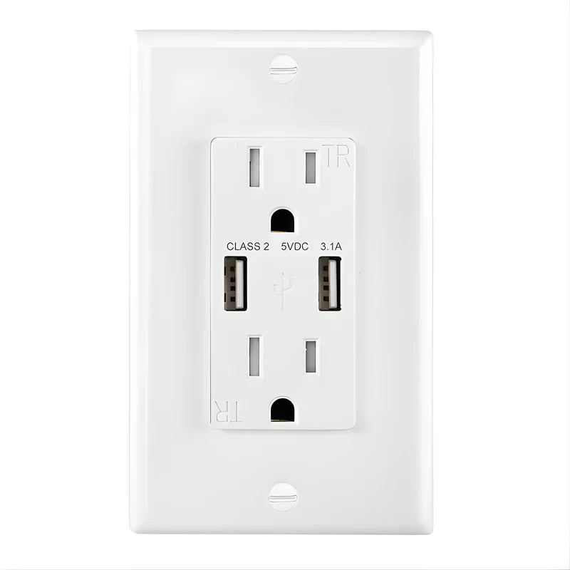 Tomacorriente Doble De Pared 15AMP Con USB Dual 5V 3.1A. Enchufe Con Cargador Para Dispositivos Electrónicos. Protección TR A Prueba De Manipulación KU-15T3. UR017