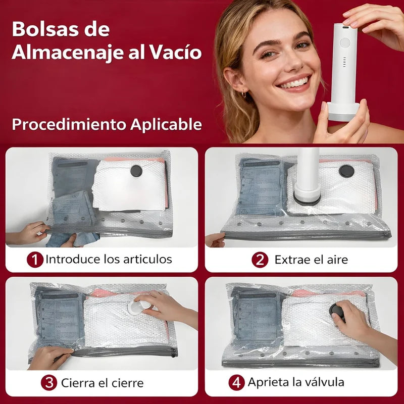 Bolsas De Almacenamiento Al Vacío Para Ropa. Set De 12 Piezas (S, M, L). Incluye Bomba Eléctrica Inalámbrica USB-C. Ideal Para Viajes. UR036