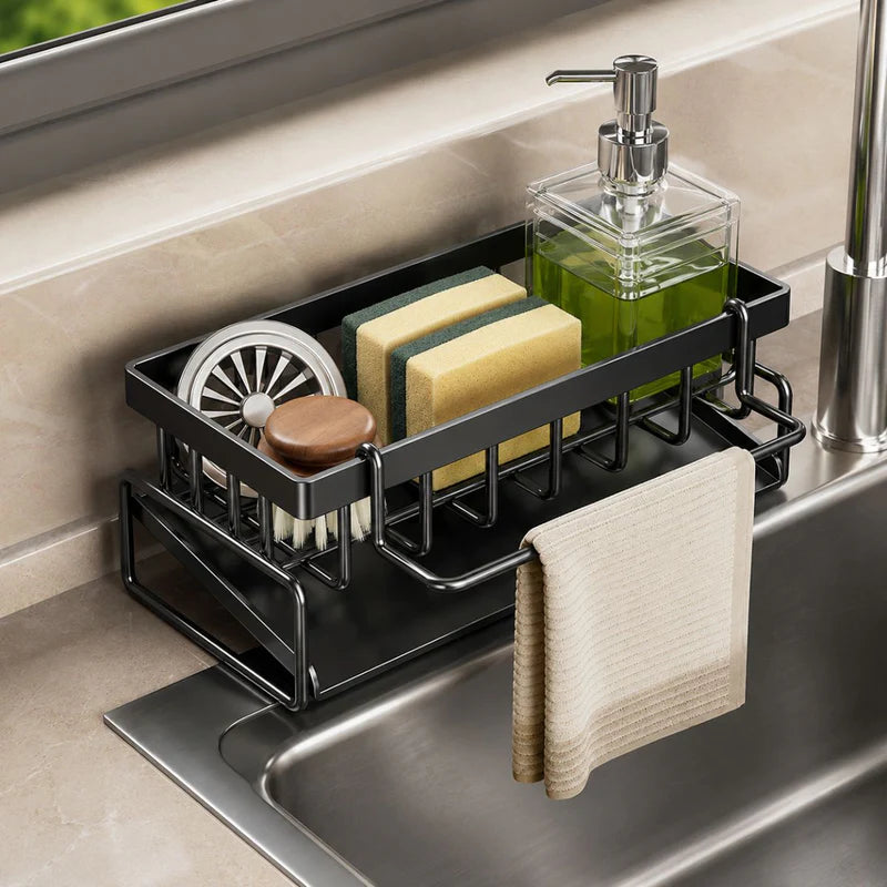 Organizador Escurridor Para Fregador Porta Esponja Y Jabón Con Bandeja Escurridora 45° Acero Al Carbono. Color Plomo (23X9x11cm) UR153