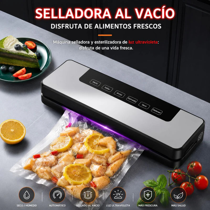 Selladora Al Vacío Con Esterilización UV Para Alimentos 65KPA. Empacadora Hermética Con Función Externa Y Panel Táctil (35X11x5.5Cm). Incluye 10 Bolsas. UR181
