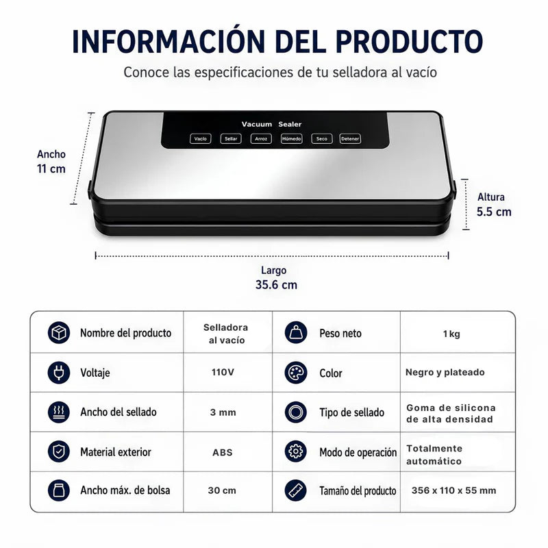 Selladora Al Vacío Con Esterilización UV Para Alimentos 65KPA. Empacadora Hermética Con Función Externa Y Panel Táctil (35X11x5.5Cm). Incluye 10 Bolsas. UR181