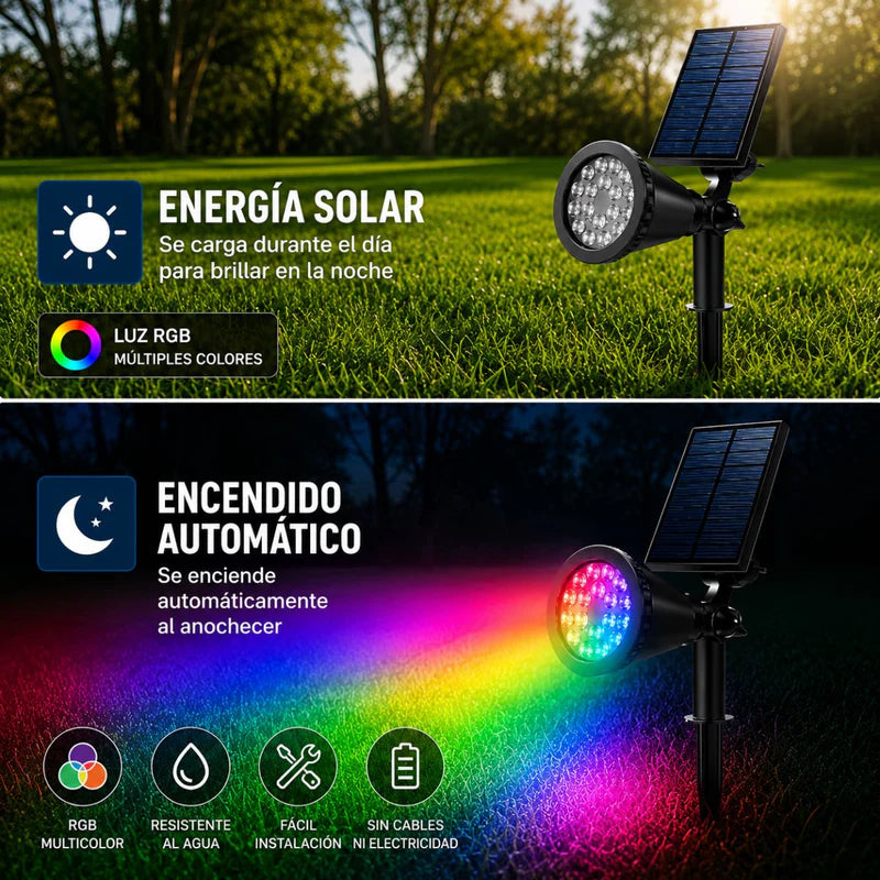 Foco Lampara Solar Para Césped O Pared 18LED RGB. Lampara Negra Con Panel Sol Integrado. Reflector Solar Para Jardín. Ilumina Hasta 7 Metros. UR227
