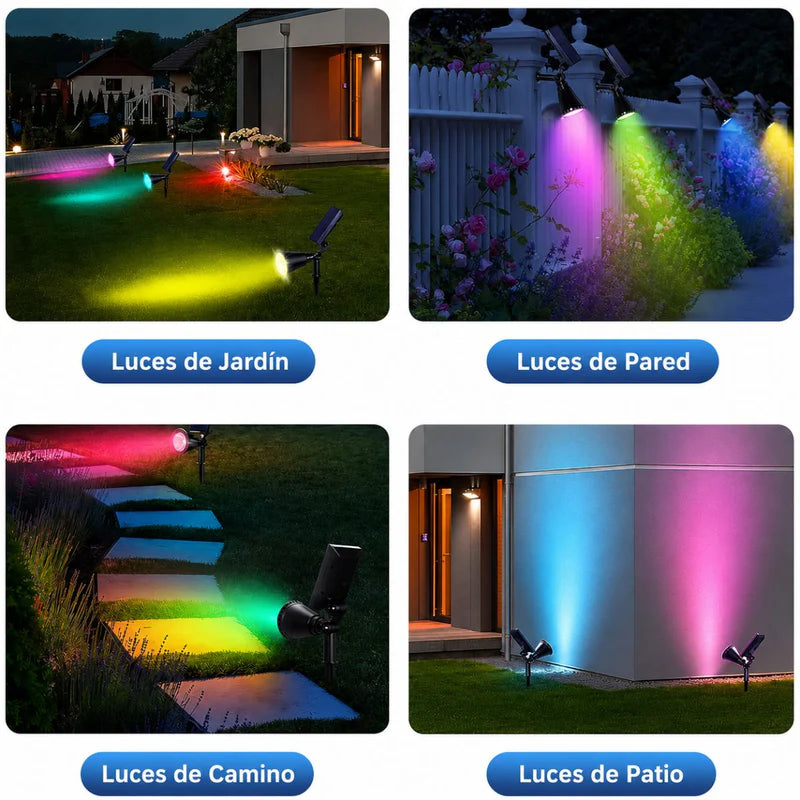 Foco Lampara Solar Para Césped O Pared 18LED RGB. Lampara Negra Con Panel Sol Integrado. Reflector Solar Para Jardín. Ilumina Hasta 7 Metros. UR227