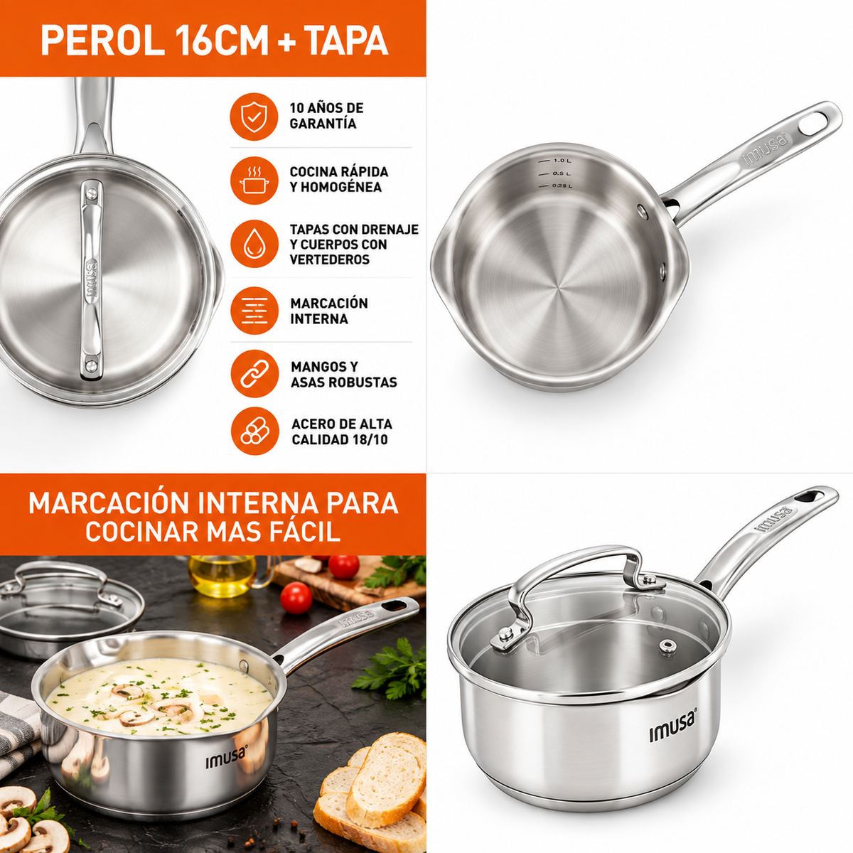 Perol con Tapa IMUSA 16 cm para Cocinar Arroz, Sopas, Salsas y Guisos – Olla de Cocina G7612284