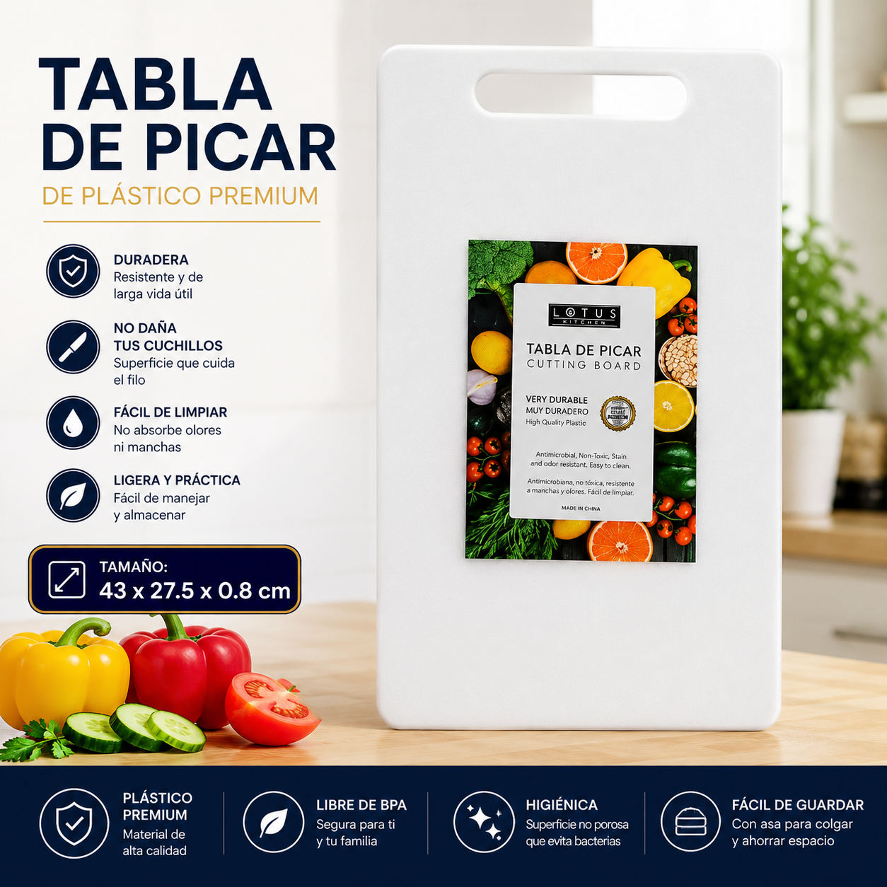 Tabla de Picar de Plástico Blanco 42x27.5x0.8cm Lotus 51394