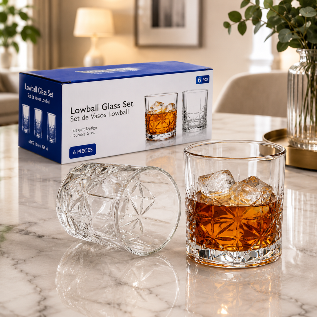 (LLEGANDO 7 DE AGOSTO) Set de Vasos Lowball de Vidrio 12 oz (355 ml) 6 Piezas | Vasos para Whisky, Ron, Cócteles y Bebidas | LHC-B108012