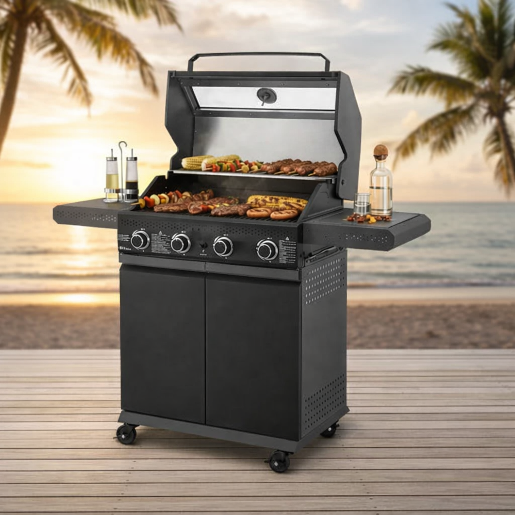 Parrilla BBQ De Gas Con Ventana De Vidrio 122X45x116cm De Hierro Con 4 Quemadores. Asador A Gas UN-A033