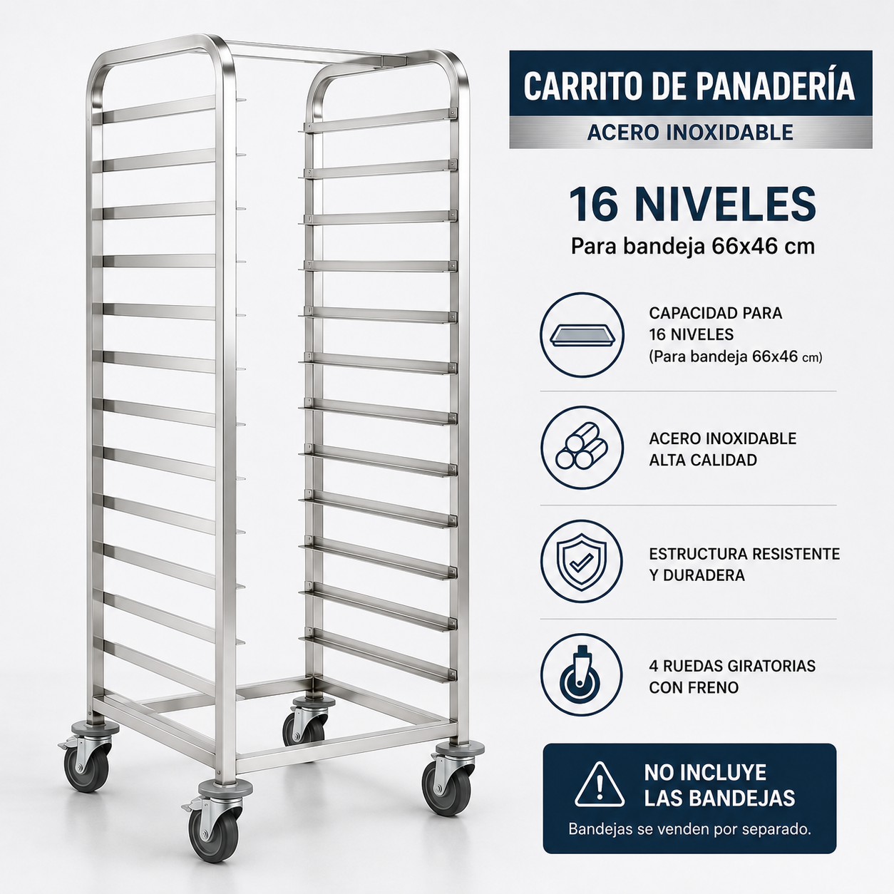 (LLEGANDO 15 DE JULIO) Carrito de Panadería 16 Niveles en Acero Inoxidable para Bandejas de 66x46cm 110104-B