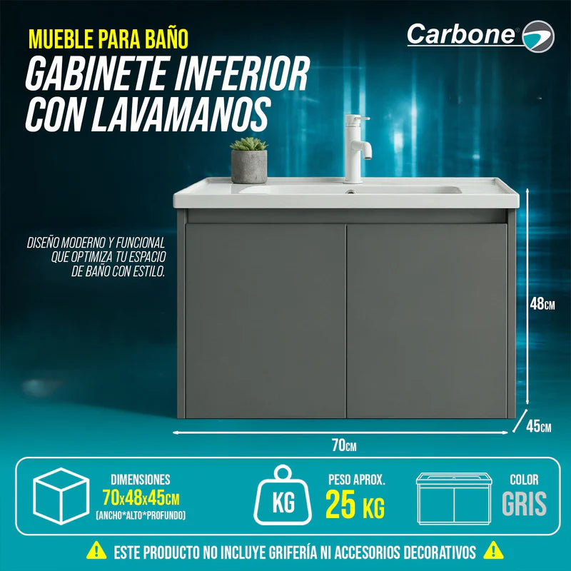 Mueble Para Baño Gabinete Inferior Con Lavamanos 70×48×45 Cm Mueble Moderno Color Gris GBS-GAB02