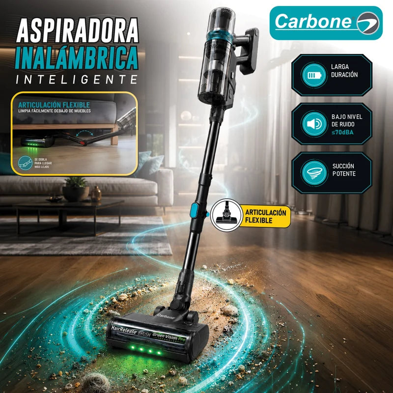 Aspiradora Inalámbrica Inteligente POTENTE 400W 28Kpa Recargable. Succión De Alta Potencia Con Filtro HEPA Y Cepillo Anti-Enredos Cabello Y Greenvisionpro Tech TSU342