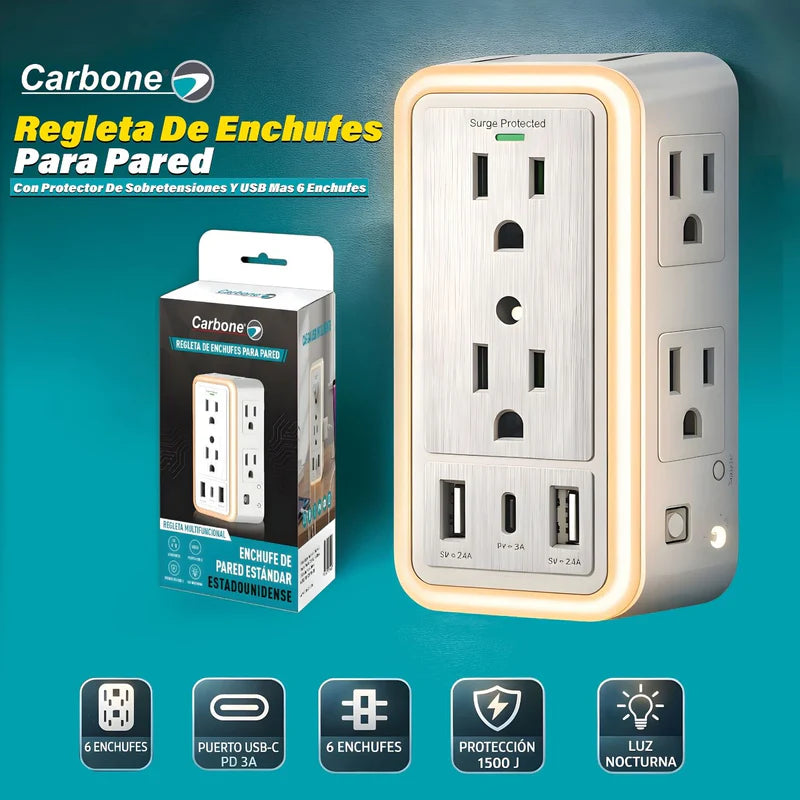 Regleta De Enchufes Para Pared Carbone Con Protector De Sobretensiones Y USB Mas 6 Enchufes Y Lampara Led Touch TSU-001